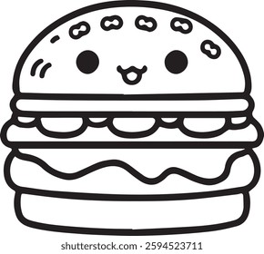 Adorable burger line art icon with a cute face, perfect for fast-food designs, menus, and children’s illustrations.