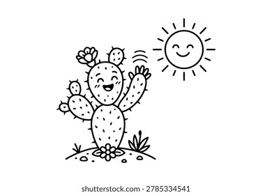 Adorable cactus character with blooming flower waving to cheerful sun in desert landscape.