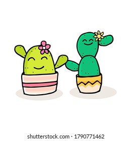 Adorable cactus emoticons, outlined in thin black strokes, showcase charming characters on a white background. Perfect for social media, cute illustrations, or emoticon-themed designs.
