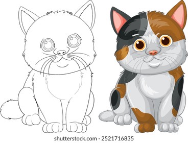 Adorable calico cat with outline version