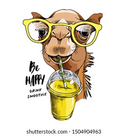 Adorable Camel in a glasses with a Plastic Cup Mockup of Smoothie. Humor card, t-shirt composition, hand drawn style print. Vector illustration.