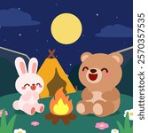 Adorable camping scene featuring a bear and bunny sitting around a campfire under a full moon, with a tent and starry sky in the background.