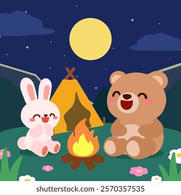 Adorable camping scene featuring a bear and bunny sitting around a campfire under a full moon, with a tent and starry sky in the background.