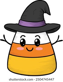 Adorable Candy Corn Character with Witch Hat - Cute Halloween Clipart Illustration