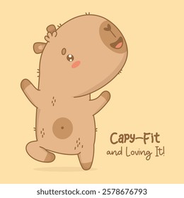 Adorable Capybara Athlete is engaged in fitness. Funny cartoon kawaii character animal sportsman yogi with motivational quote. Vector illustration. Kids collection