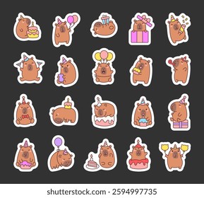 Adorable capybara birthday set featuring cute characters with party hat, cake, balloons, gift, confetti, candle, greeting cards, and festive accessories in various joyful poses