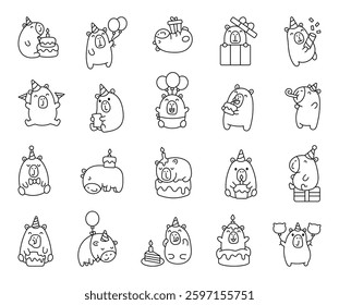 Adorable capybara birthday set featuring cute characters with party hat, cake, balloons, gift, confetti, candle, greeting cards, and festive accessories in various joyful poses