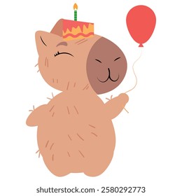 Adorable capybara celebrating a birthday with a slice of cake on its head and a red balloon. Perfect for party invitations, greeting cards, festive decorations, and fun illustrations