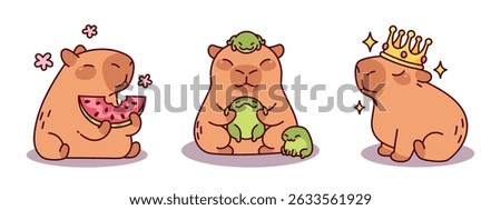 Adorable capybara characters in cartoon style - eating watermelon, sitting with frog friend, wearing crown. Cute chubby brown rodents with sparkly eyes and smiling faces. Kawaii animal mascots set.