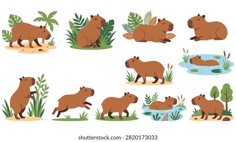 Adorable capybara characters in different poses including sitting running swimming and relaxing in tropical nature settings illustrated in flat vector style.