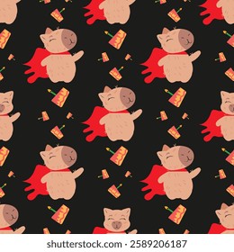 Adorable capybara design in a seamless repeat. The red cape adds a superhero feel, making it perfect for kids' fashion, greeting cards, gift wraps, or playful digital backgrounds