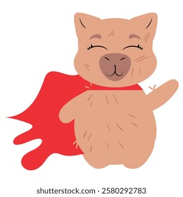 Adorable capybara dressed as a superhero with a flowing red cape and a cheerful expression. Perfect for digital stickers, character designs, children's projects, and fun-themed illustrations, optimize