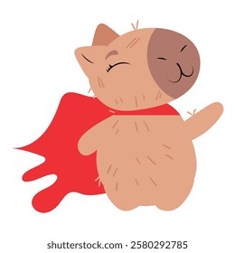 Adorable capybara dressed as a superhero with a flowing red cape and a cheerful expression. Perfect for digital stickers, character designs, children's projects, and fun-themed illustrations, optimize