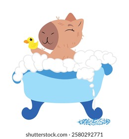 Adorable capybara enjoying a bubble bath in a blue bathtub while holding a yellow rubber duck. Perfect for spa-themed illustrations, self-care designs, digital stickers