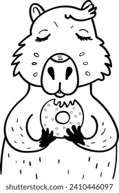 Adorable Capybara Enjoying a Donut Snack in Artistic Black and White Illustration for Coloring