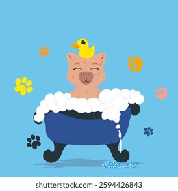 Adorable capybara enjoying a relaxing bath with a rubber duck in a grooming salon. A playful and heartwarming design perfect for kids’ prints, nursery decor, spa themes