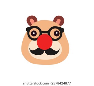 Adorable capybara face featuring glasses, a red clown nose, and a mustache, isolated on white, perfect for April Fools Day.