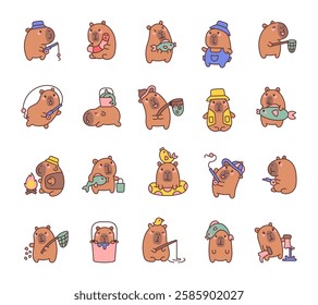 Adorable capybara fishing and camping set with kawaii cartoon characters enjoying fun activities, creative props, and charming moments in various relaxing and cheerful scenes