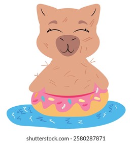 Adorable capybara floating in a pink donut-shaped inflatable ring on the water. Perfect for summer-themed illustrations, digital stickers, greeting cards