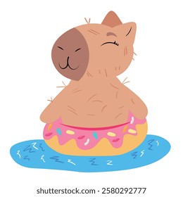 Adorable capybara floating in water with a pink donut-shaped inflatable ring. Perfect for summer-themed designs, digital stickers, greeting cards, and fun illustrations, optimized for top search visib