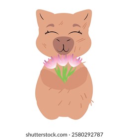 Adorable capybara holding a bouquet of pink flowers with a happy and peaceful expression. Perfect for greeting cards, nature-themed designs, floral illustrations, and digital stickers