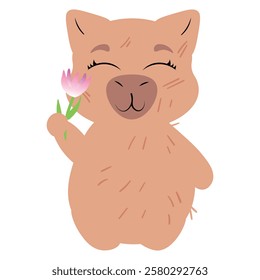 Adorable capybara holding a delicate flower with a joyful and peaceful expression. Perfect for greeting cards, nature-inspired illustrations, eco-friendly projects, and digital stickers, optimized for