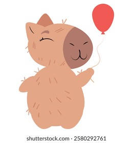 Adorable capybara holding a red balloon with a joyful expression. Perfect for birthday designs, greeting cards, celebration illustrations, and festive decorations