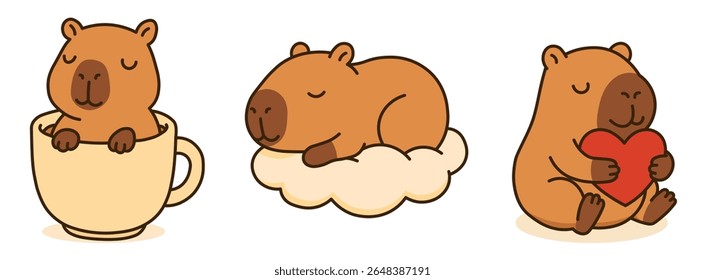 Ilustrações adoráveis de capivara em estilo kawaii: uma dormindo em um copo, outra em uma nuvem e a última segurando um coração. Perfeito para criar uma atmosfera fofa, pacífica e amorosa em qualquer projeto.