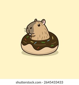 Adorable capybara inside a giant chocolate donut, cartoon vector illustration.