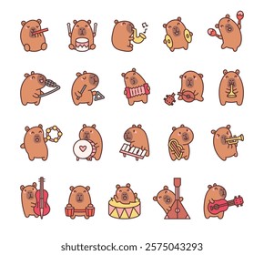 Adorable capybara orchestra set featuring, wind, string instruments, entertaining cartoon animals performing unique melodies and creating harmonious musical experiences with joyful performances