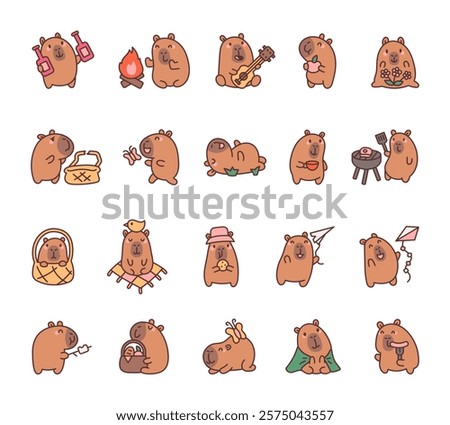 Adorable capybara picnic set featuring camping, outdoor cooking, kite flying, joyful music, delicious snacks, and relaxing activities in kawaii cartoon style illustrations