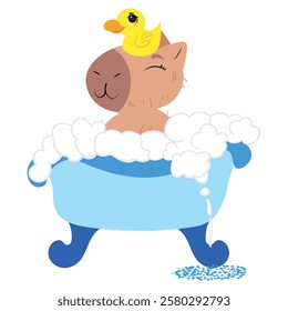 Adorable capybara relaxing in a blue bubble-filled bathtub with a cute rubber duck on her head. Perfect for spa designs, grooming illustrations, digital stickers and fun decorations