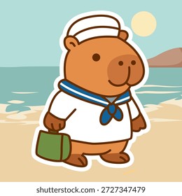 Adorável Marinheiro Capybara Pronto para uma aventura na praia