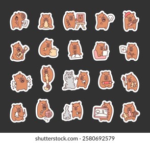 Adorable capybara set of cute kawaii cartoon characters showing various activities with tools, emotions, and creative poses like painting, knitting, sculpting, and playing music