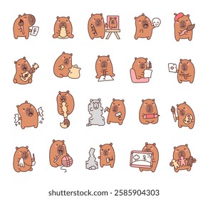 Adorable capybara set of cute kawaii cartoon characters showing various activities with tools, emotions, and creative poses like painting, knitting, sculpting, and playing music