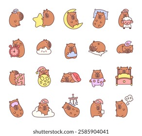 Adorable capybara sleep set showcasing cozy bedtime moments with nightcap, pillow, moon, blanket, and other relaxing cartoon characters enjoying peaceful dreams.