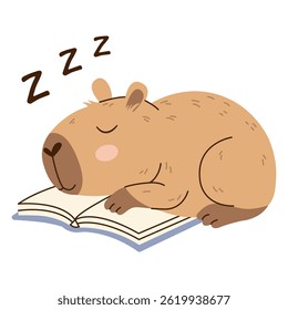 Adorable capybara sleeping on an open book. Flat vector illustration with soft colors and transparent background. Perfect for childrens projects, prints, and relaxation themes.