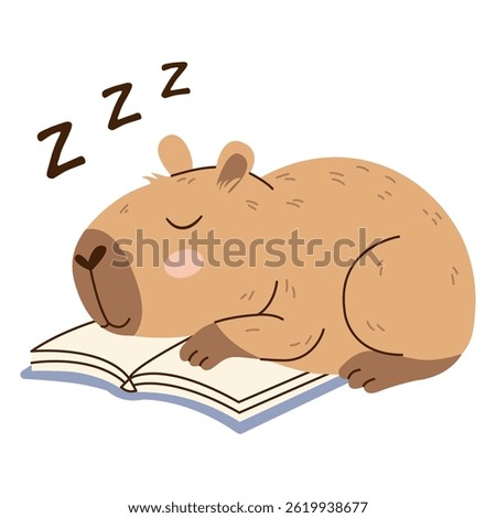Adorable capybara sleeping on an open book. Flat vector illustration with soft colors and transparent background. Perfect for childrens projects, prints, and relaxation themes.
