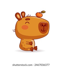 Adorable Capybara with tangerine. Vector illustration.
