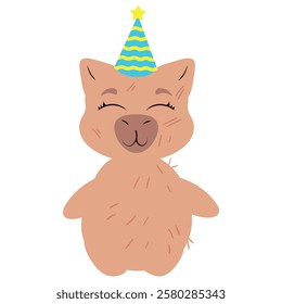 Adorable capybara wearing a festive party hat with a joyful expression. Perfect for birthday designs, greeting cards, invitations, digital stickers, and celebration-themed projects, optimized for top 