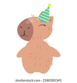 Adorable capybara wearing a festive party hat with a joyful expression. Perfect for birthday designs, greeting cards, invitations, digital stickers, and celebration-themed projects, optimized for top 