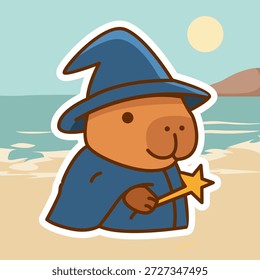 Adorable mago capibara lanzando hechizos en la playa