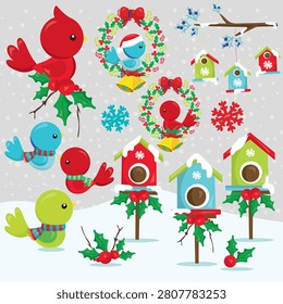 Adorable cardinal and robin birds with festive birdhouses snowflakes and holly berries in snowy winter scene for christmas decorations and designs
