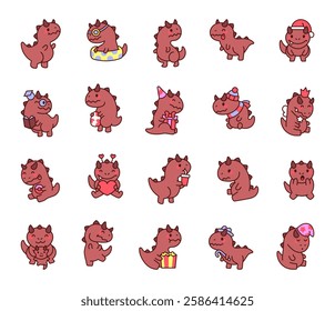 Adorable carnotaurus cute kawaii cartoon character set featuring various emotions, festive accessories, and fun daily activities for holidays and special moments for yours creative illustration