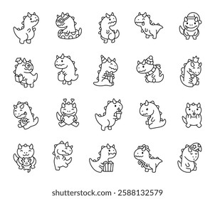 Adorable carnotaurus cute kawaii cartoon character set featuring various emotions, festive accessories, and fun daily activities for holidays and special moments for yours creative illustration