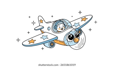 Adorable Cartoon Airplane With Friendly Pilot Soaring Through Starry Sky
