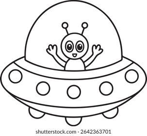 Adorable cartoon alien joyfully waving from inside a flying saucer.  Simple line art, perfect for kids' coloring pages, books, or educational materials.