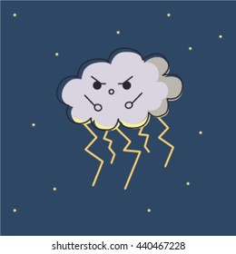 Adorable cartoon angry cloud with lightning at night. Can be used as a t-shirt print or as a part of design. Character is suitable for animation. Check another personages in portfolio