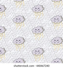 Adorable cartoon angry cloud with lightning at rain pattern. Can be used as a textile print or as a baby style wallpaper. Easy to edit and recolor