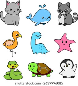 Adorable Cartoon Animal Collection Featuring Cat, Whale, Raccoon, Dinosaur, Turtle, Penguin, and More for Kids’ Educational and Decorative Projects